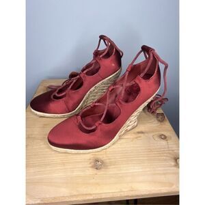 Tory Burch Women's High Heels Wedge Espadrilles‎ Pompoms Satin Merlot Shoes 5.5